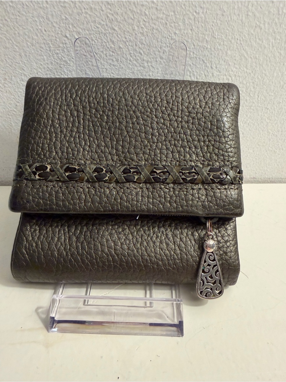 Brighton small grey/pewter/green pebbled leather trifold wallet.